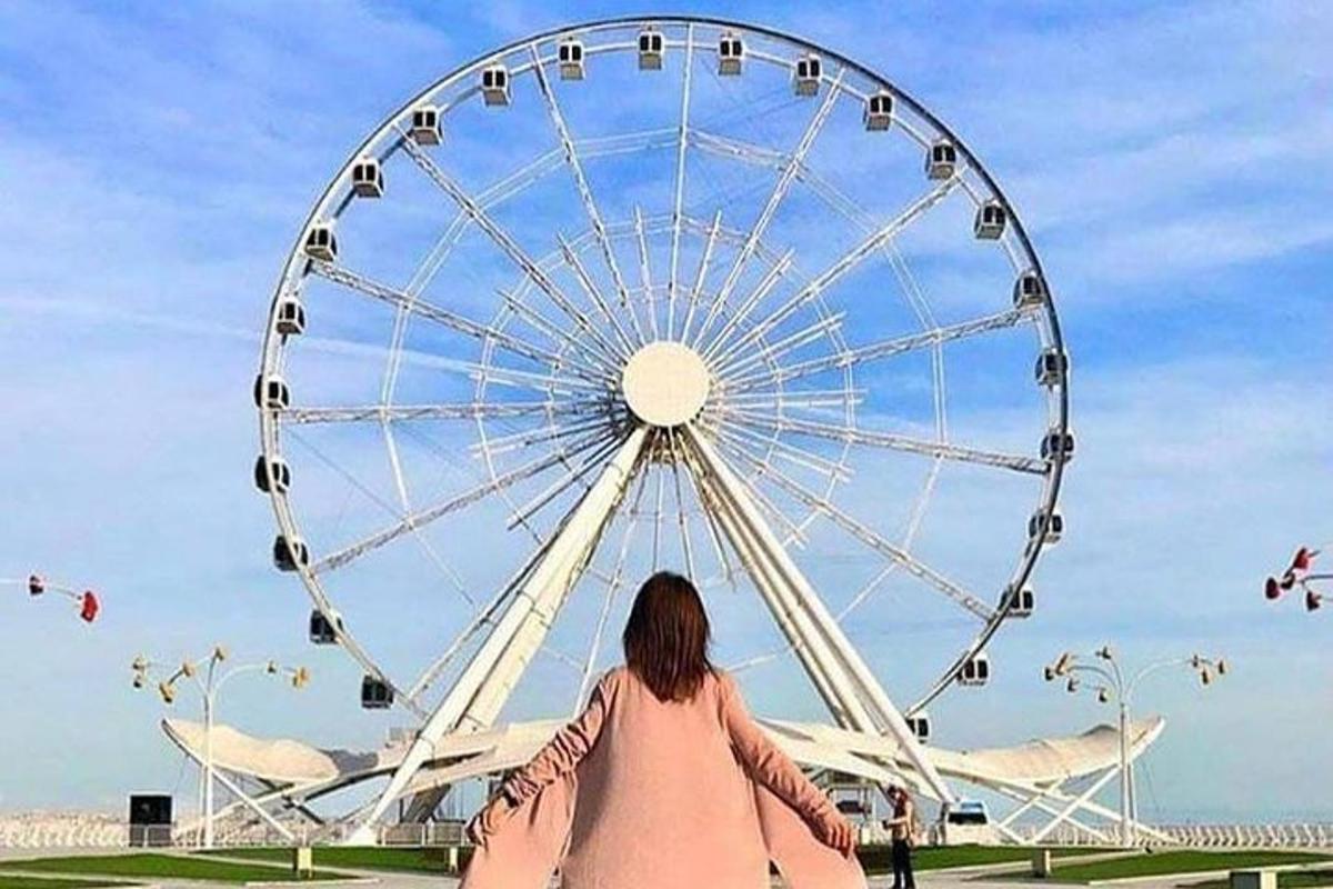 a woman sitting in front of a ferris wheel