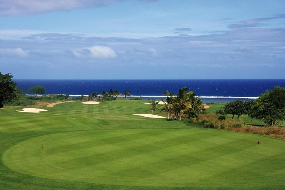 a green golf course with the ocean in the background