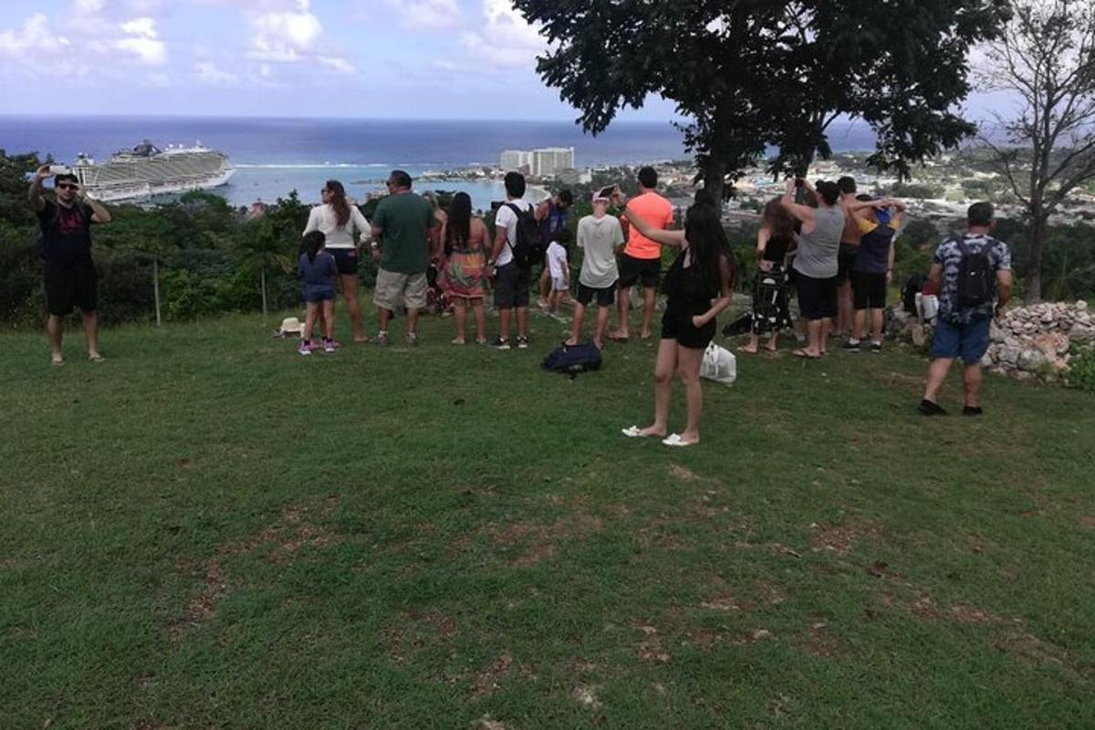 un gruppo di persone in piedi in un campo che guarda l'oceano