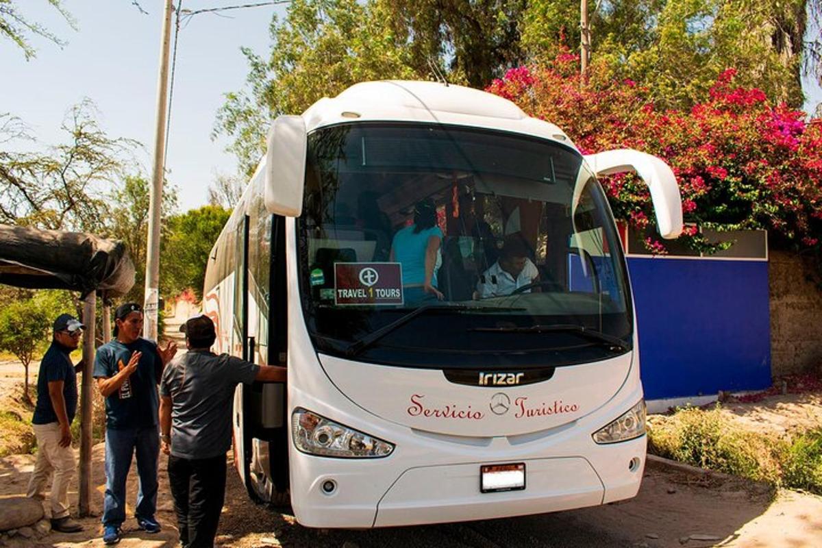 skupina lidí stojící vedle bílého autobusu