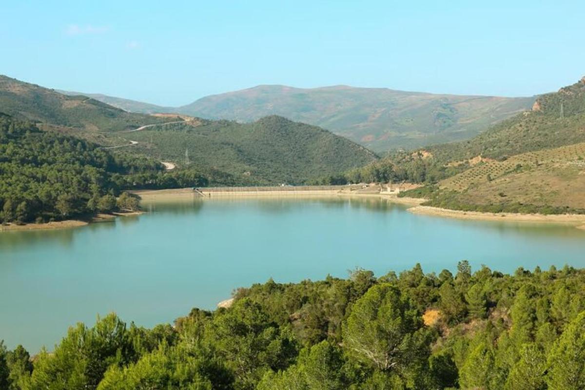 uma vista de um lago com montanhas ao fundo