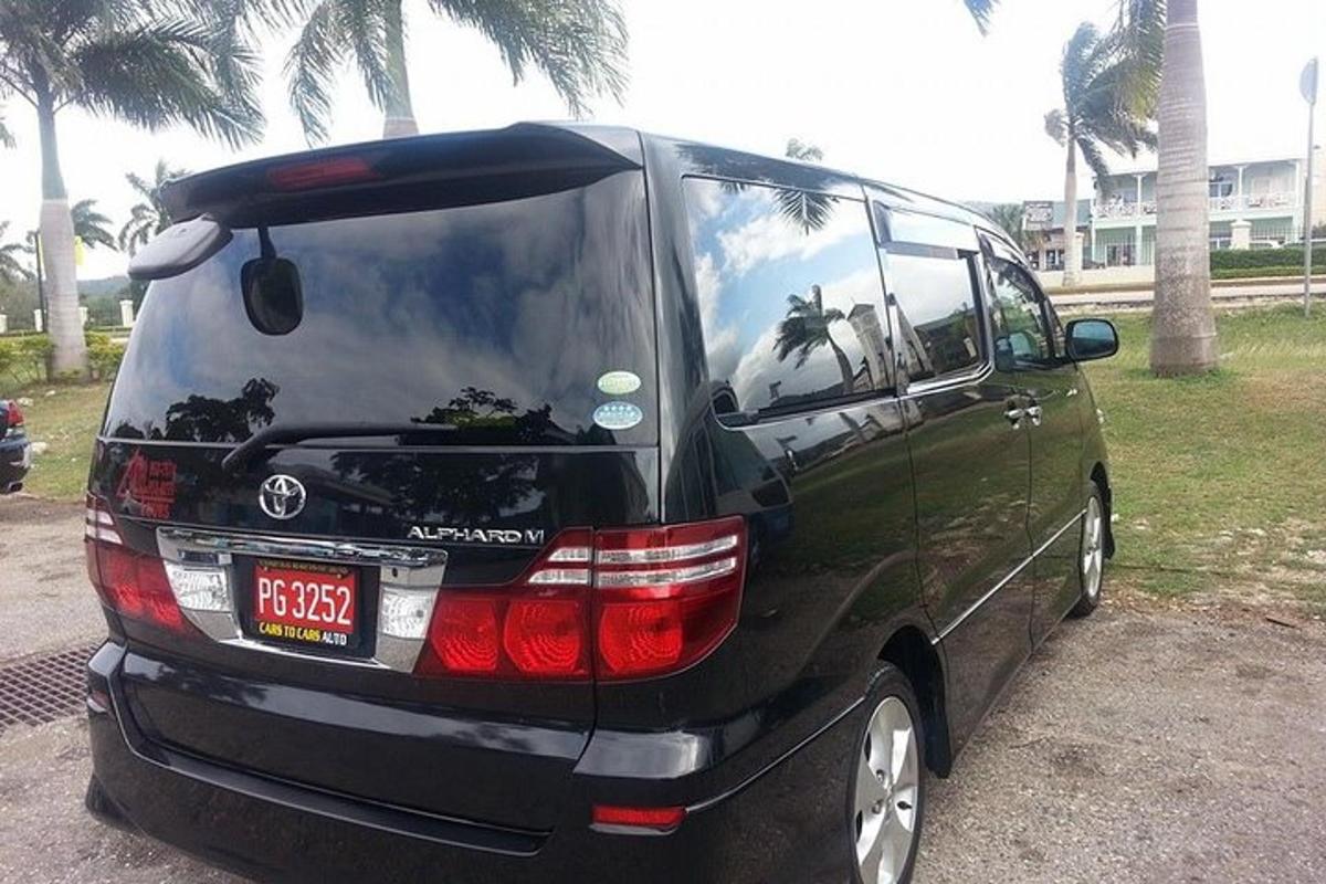 sebuah van hitam diletakkan di tempat letak kereta dengan pokok palma