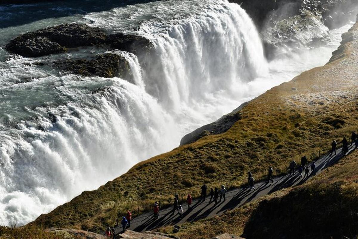 hópur fólks stendur fyrir framan foss