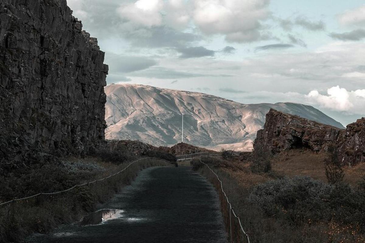 vegur í miðjum túni með fjalli