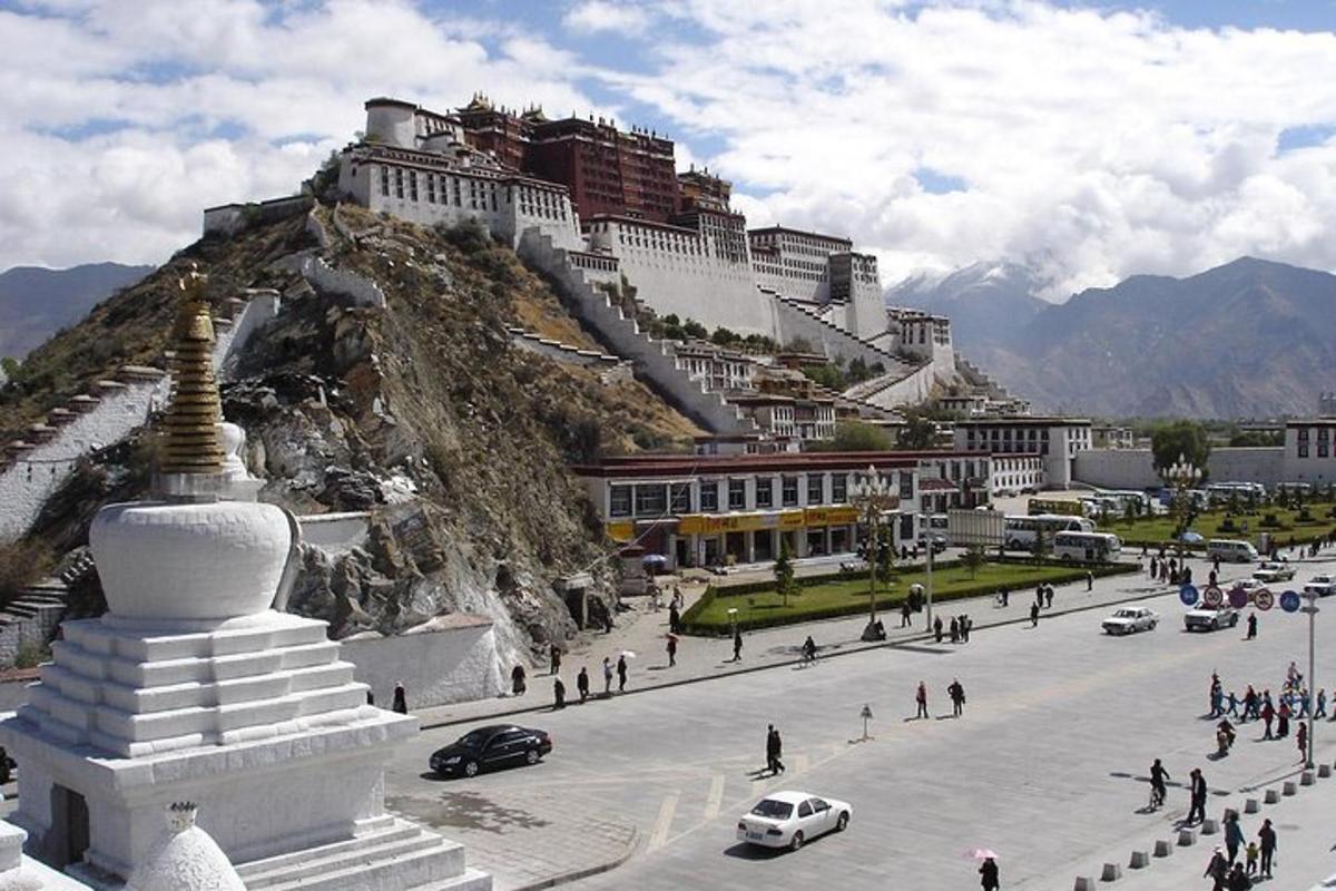 a group of people walking around a city with a mountain
