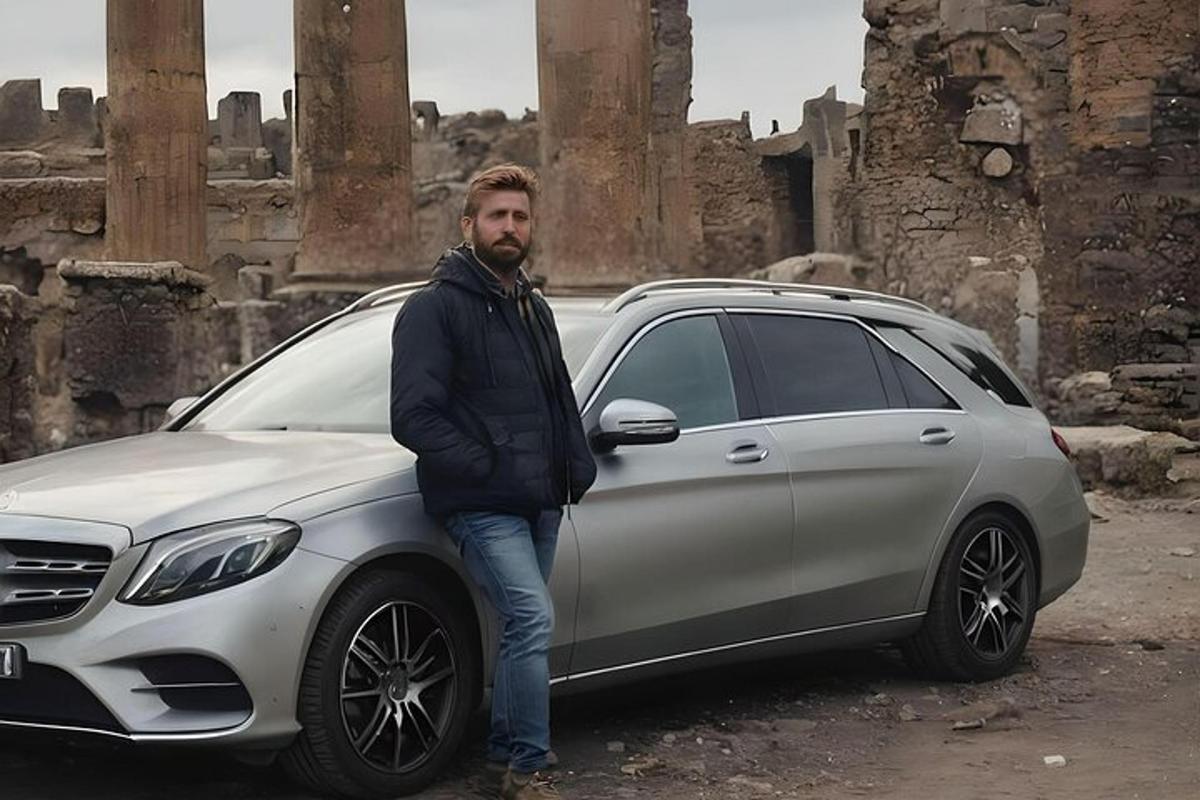 a man is standing next to a white car
