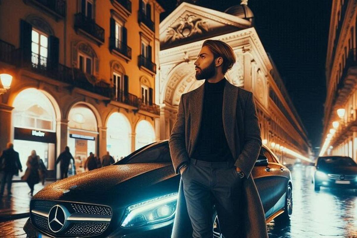 un uomo in piedi accanto a un'auto su una strada