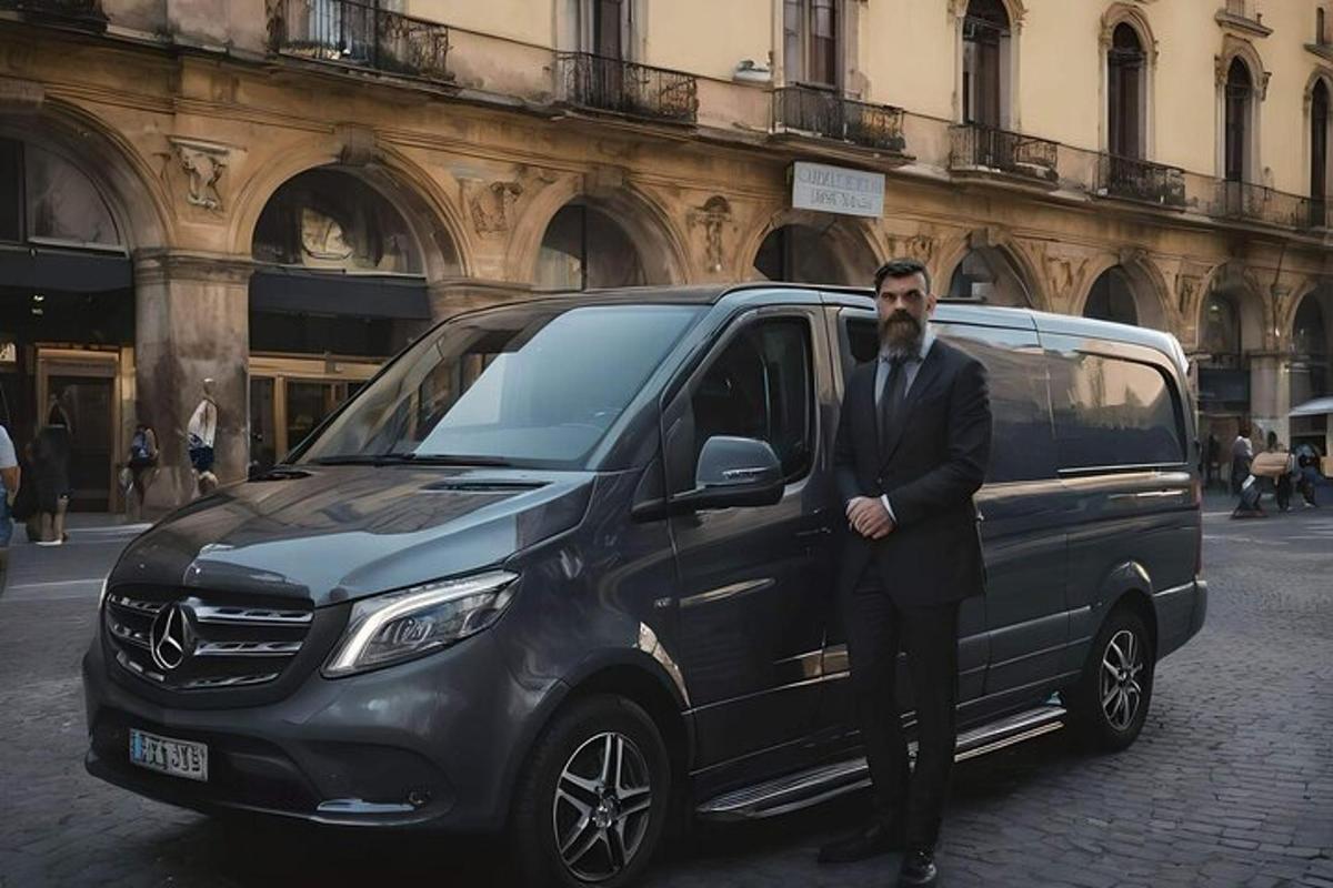 un uomo in giacca e cravatta in piedi accanto a un furgone