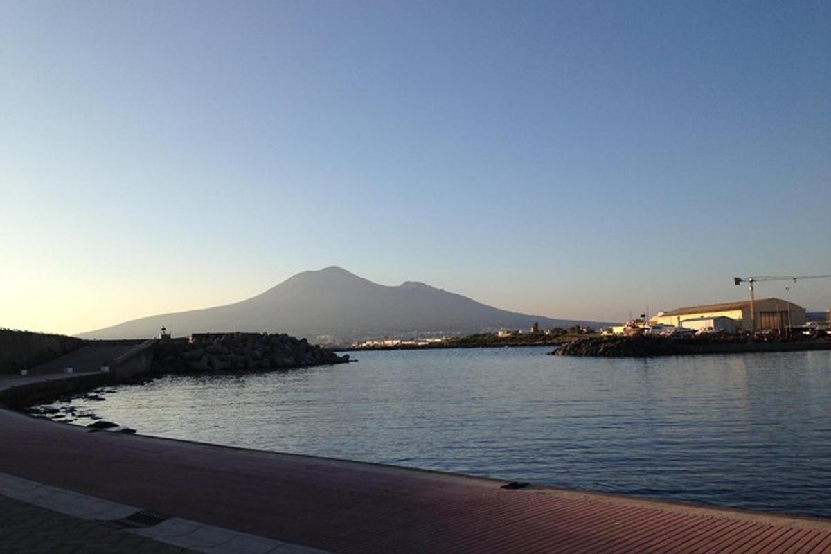 a large body of water with a mountain in the background