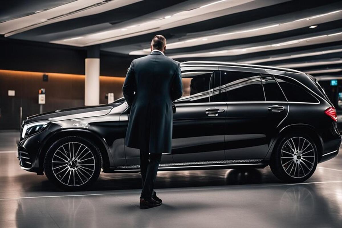 a man in a suit standing next to a car