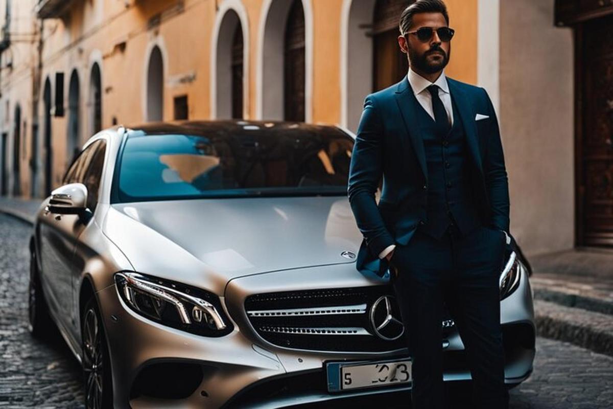 a man in a suit standing next to a car