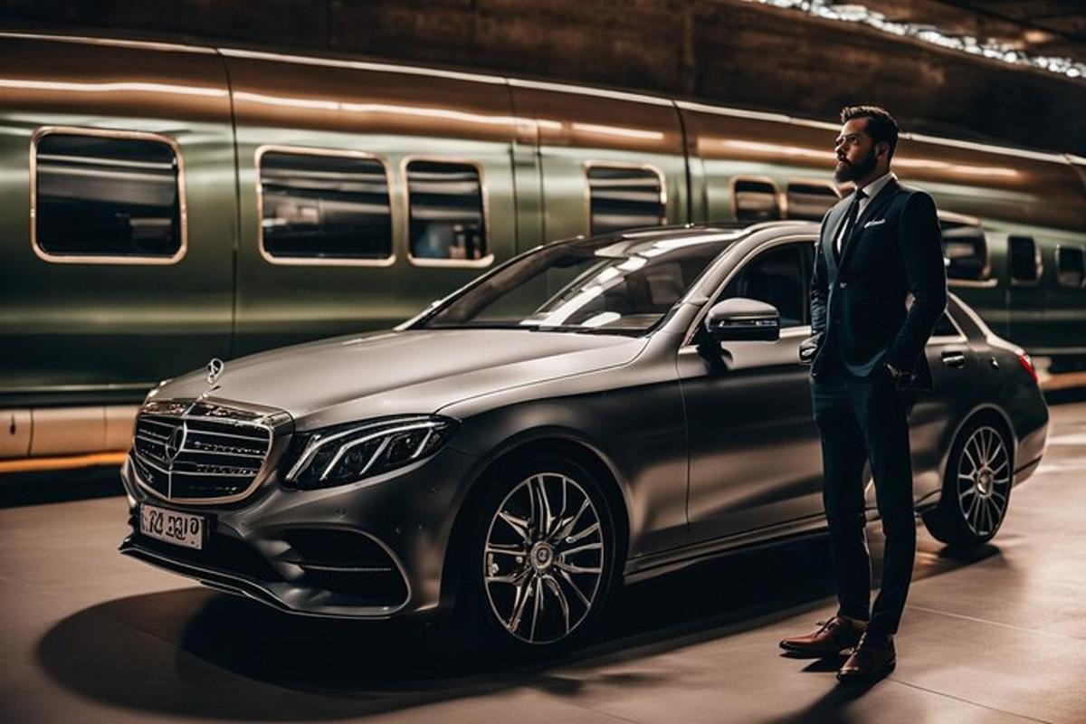 a man in a suit standing next to a car