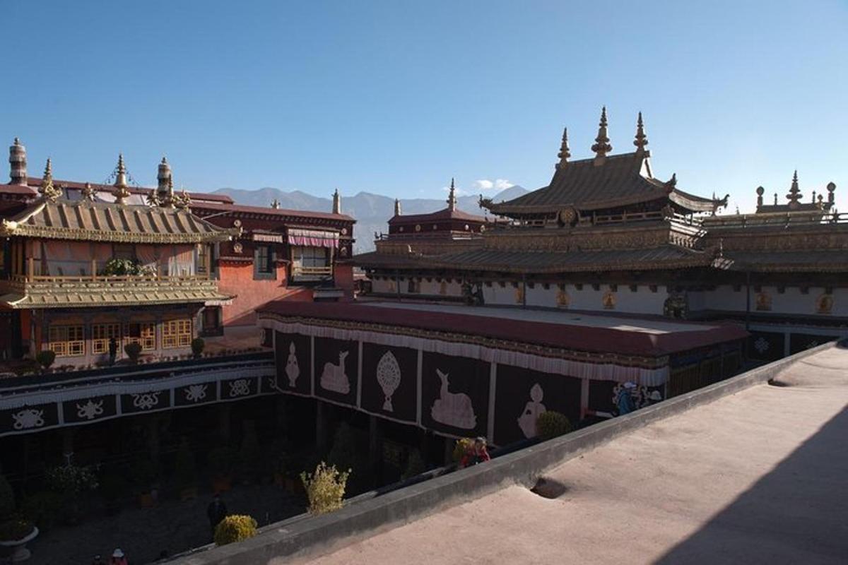 an overhead view of a building with roofs