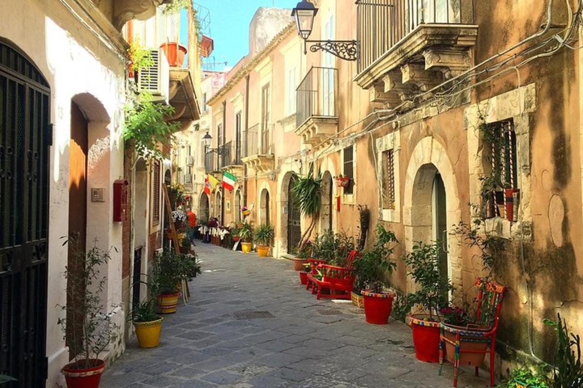 an alley with potted plants on the side of buildings