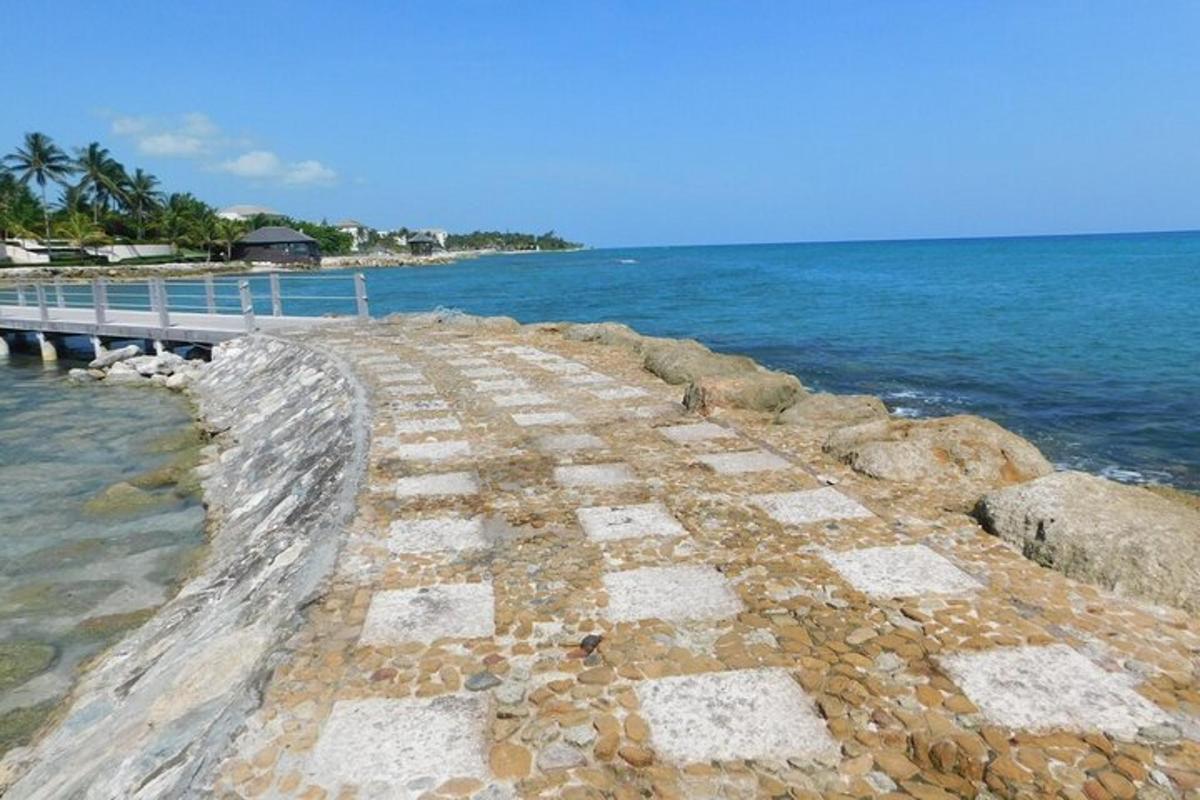 un sentiero in pietra che conduce all'acqua accanto a un molo