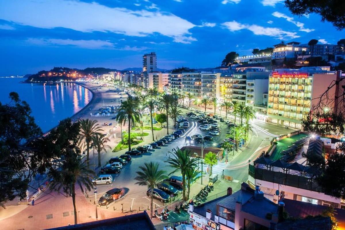 a view of a city with a beach at night
