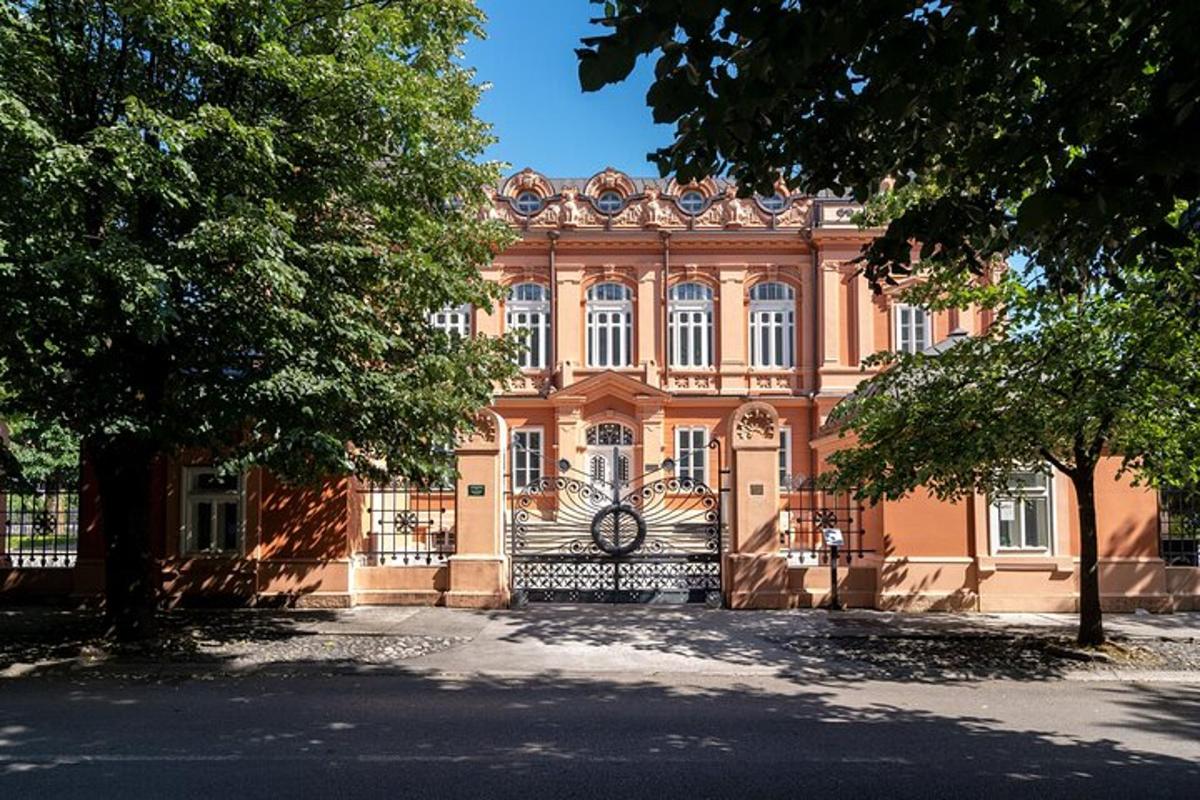 un grande edificio con un cancello di fronte