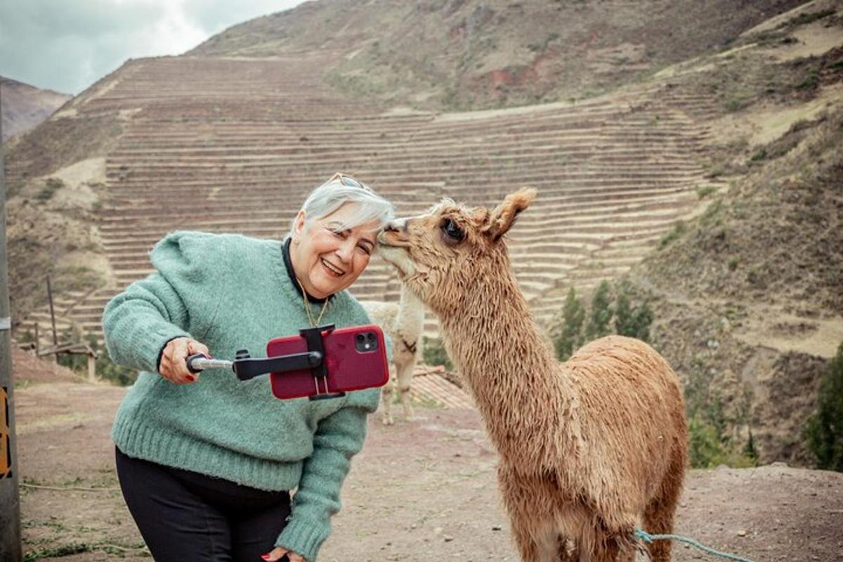 starší žena držící fotoaparát a lamu