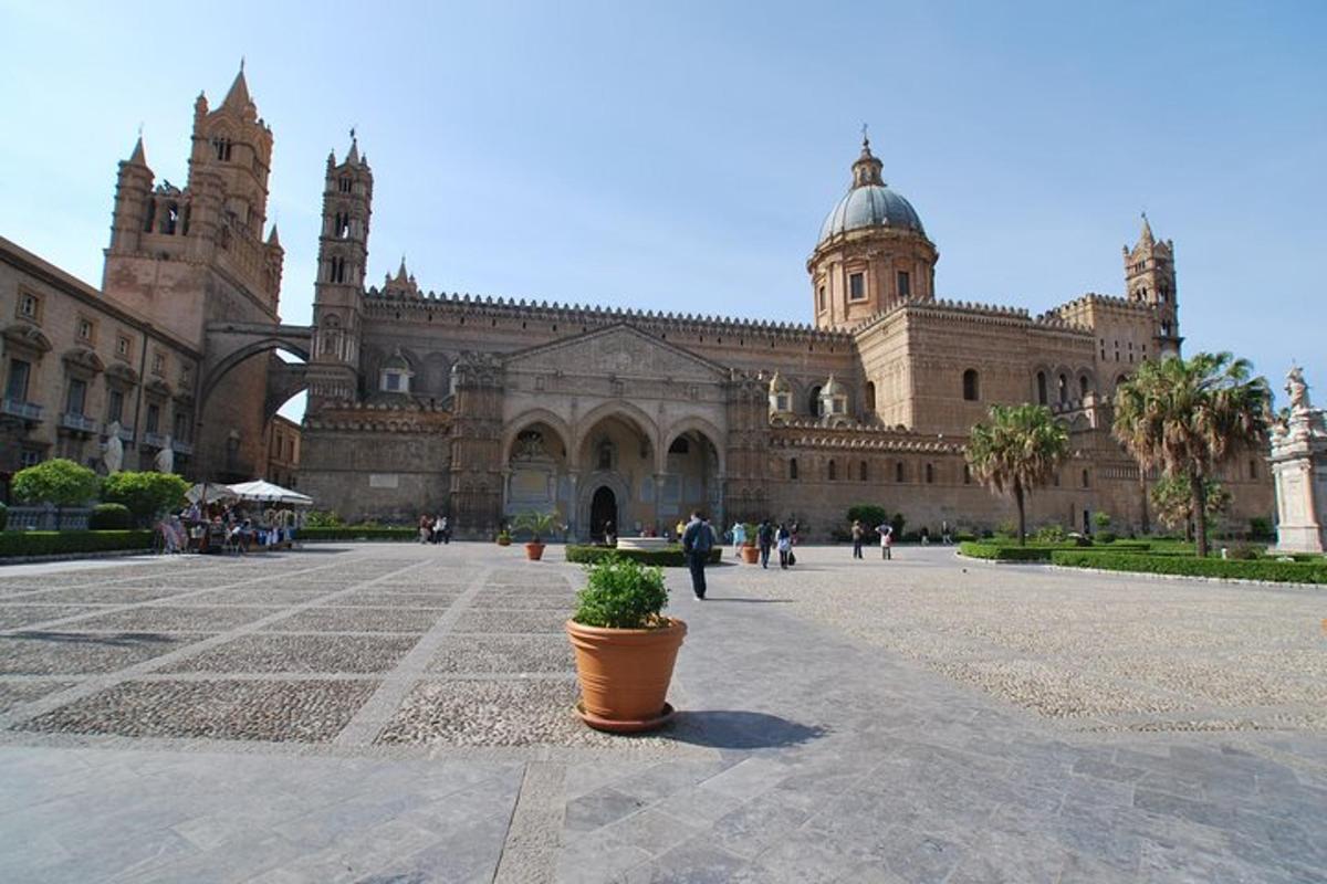 un grande edificio con una pianta in vaso di fronte