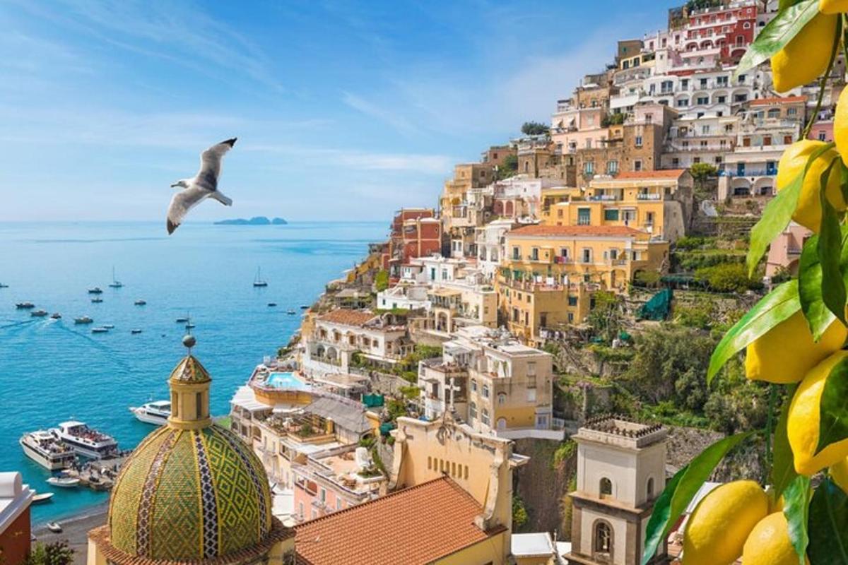 a bird flying over a village on the side of a mountain