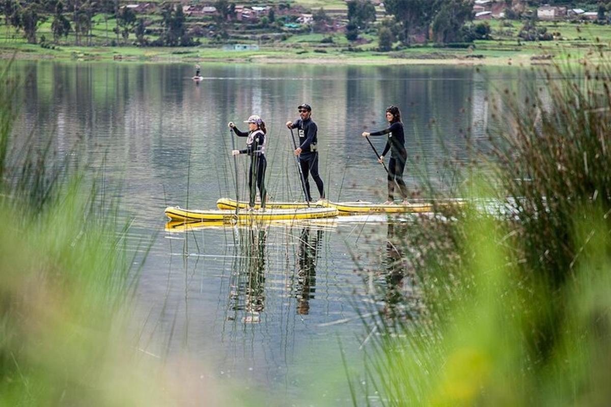 drei Personen auf Paddle-Boards im Wasser