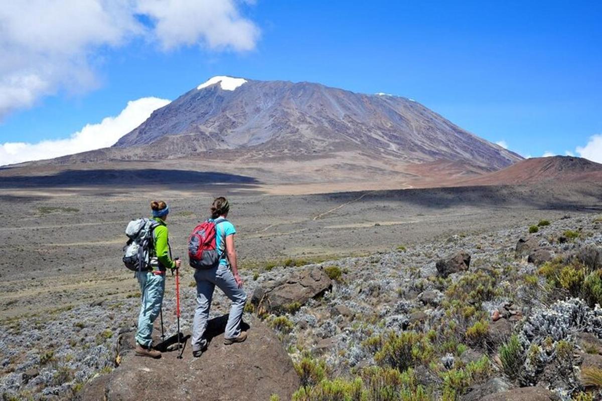 two people standing on a rock with a mountain in the background