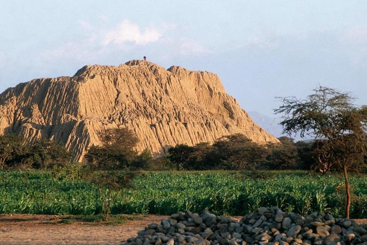 a mountain with a pile of rocks in front of a field