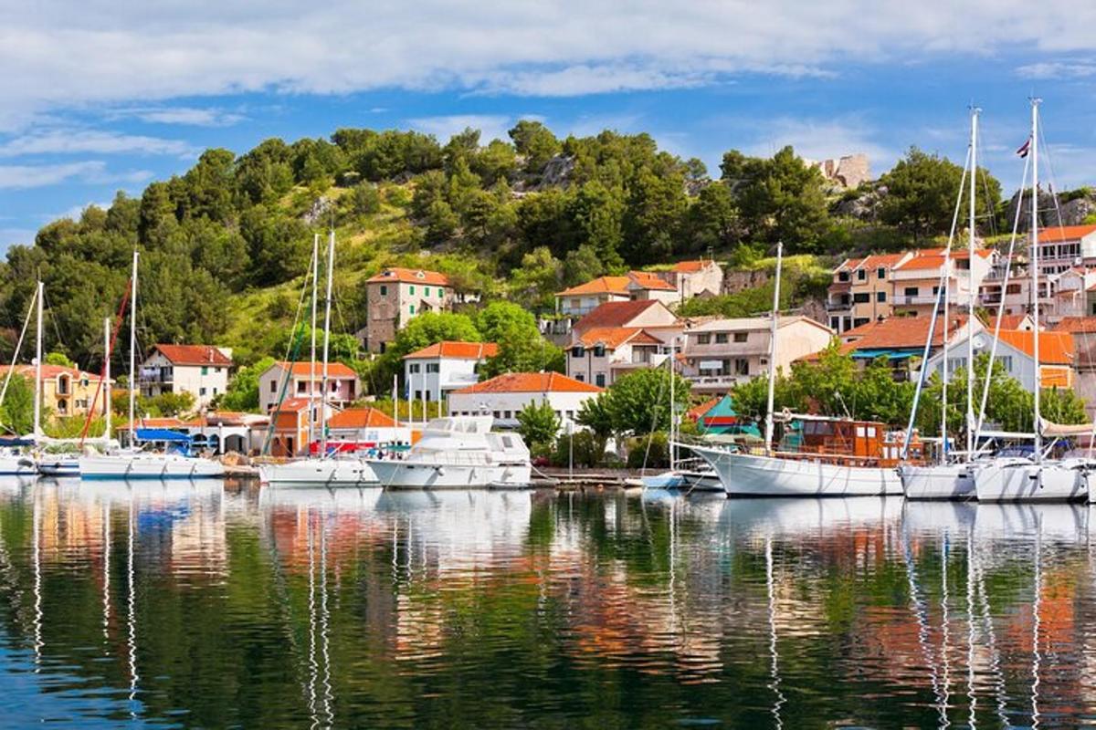 μια ομάδα σκαφών αγκυροβολημένη σε ένα λιμάνι με σπίτια