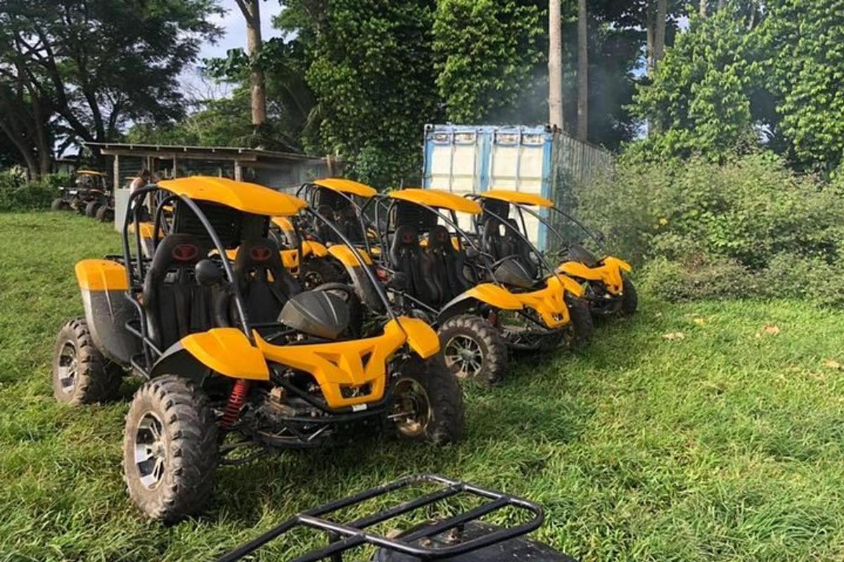 a row of yellow atvs parked in the grass