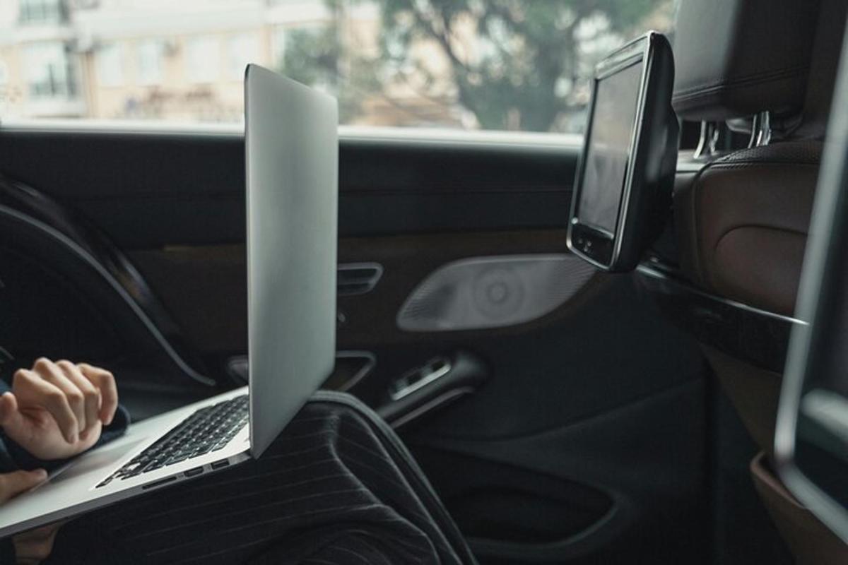 a person sitting in a car with a laptop