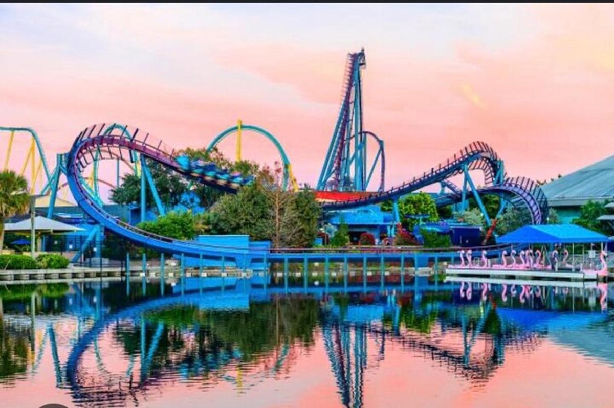 una montaña rusa en un parque acuático al atardecer