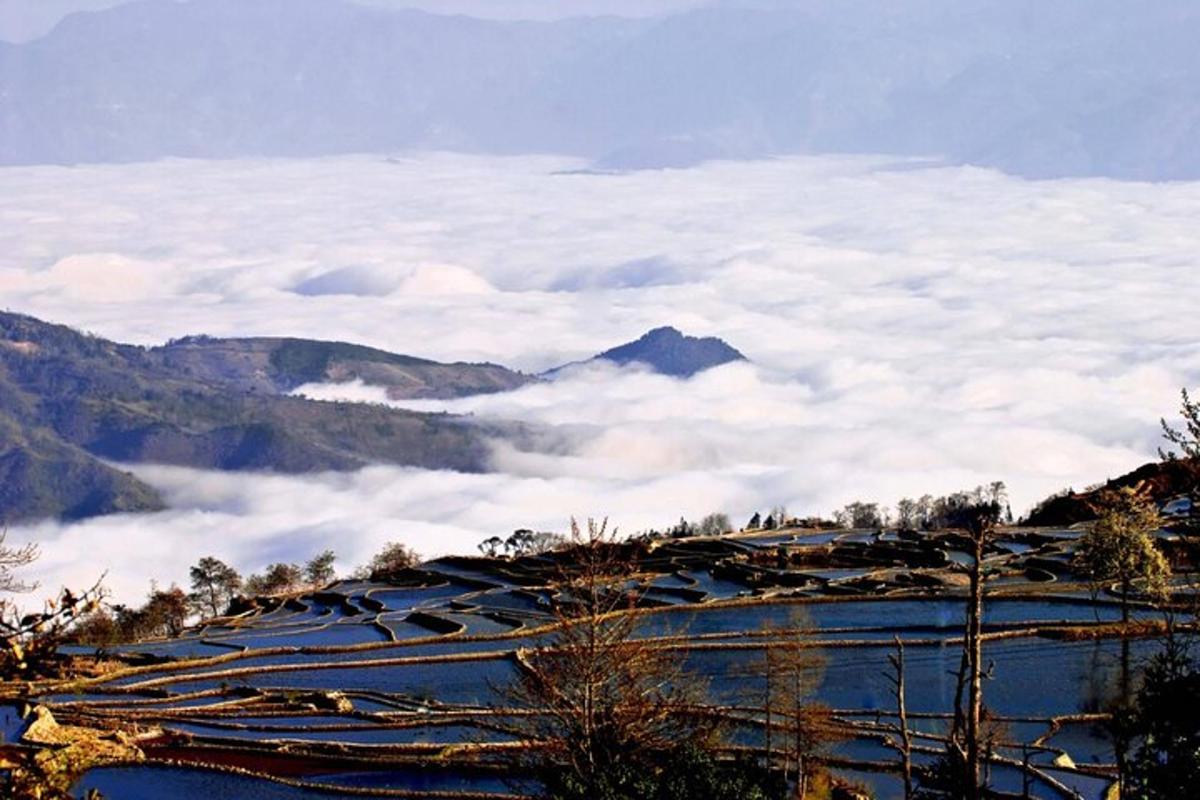 a view of a valley with clouds in the mountains