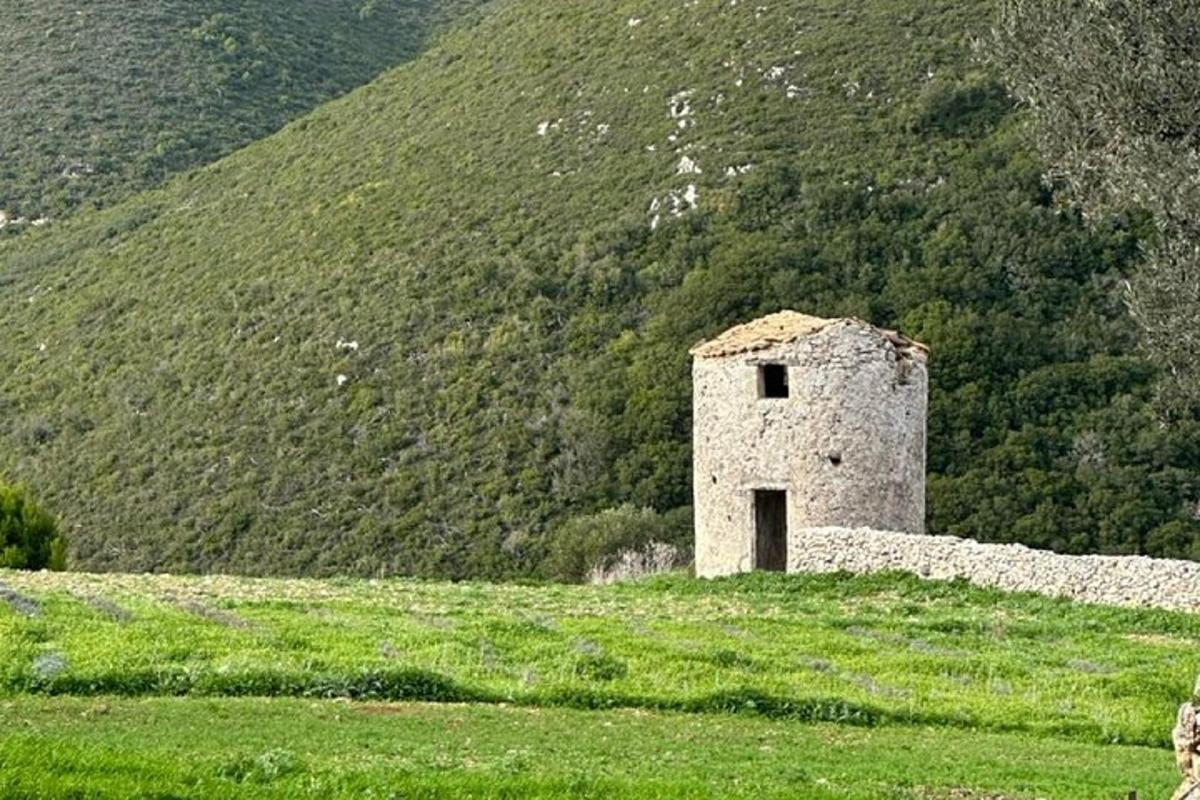 Un edificio de piedra en un campo con una montaña.