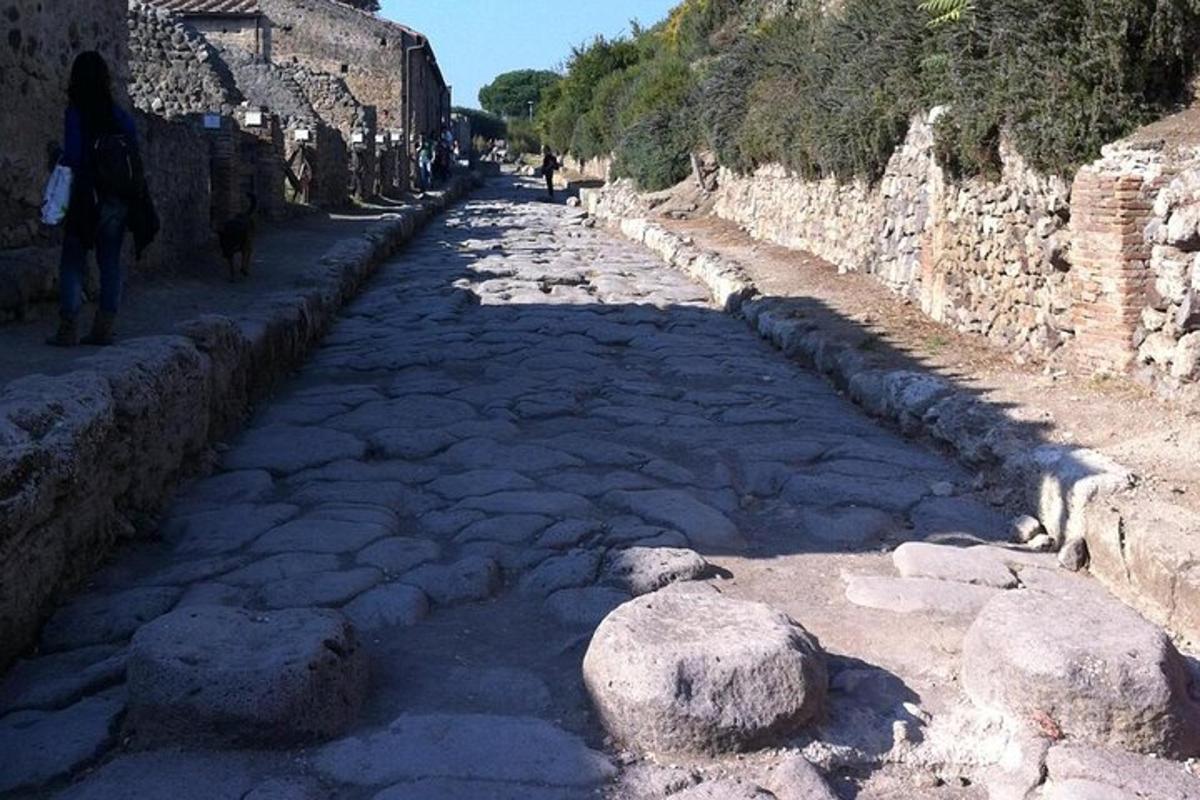 ένας πλακόστρωτος δρόμος με πέτρες στο πλάι