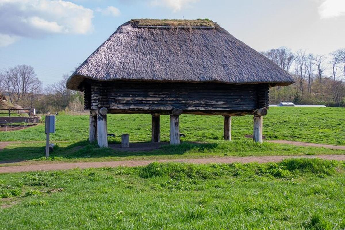 a small wooden building with a grass roof in a field