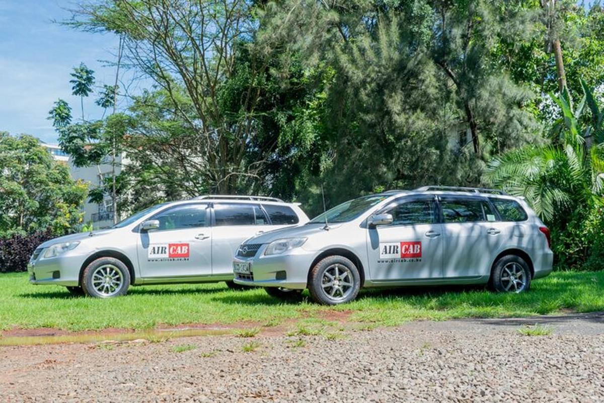 two cars parked next to each other on the grass