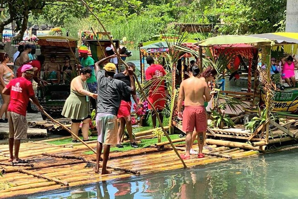 a group of people standing on a raft in the water