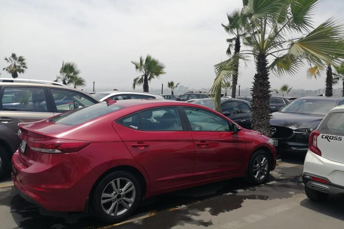 červené auto zaparkované na parkovišti s palmami