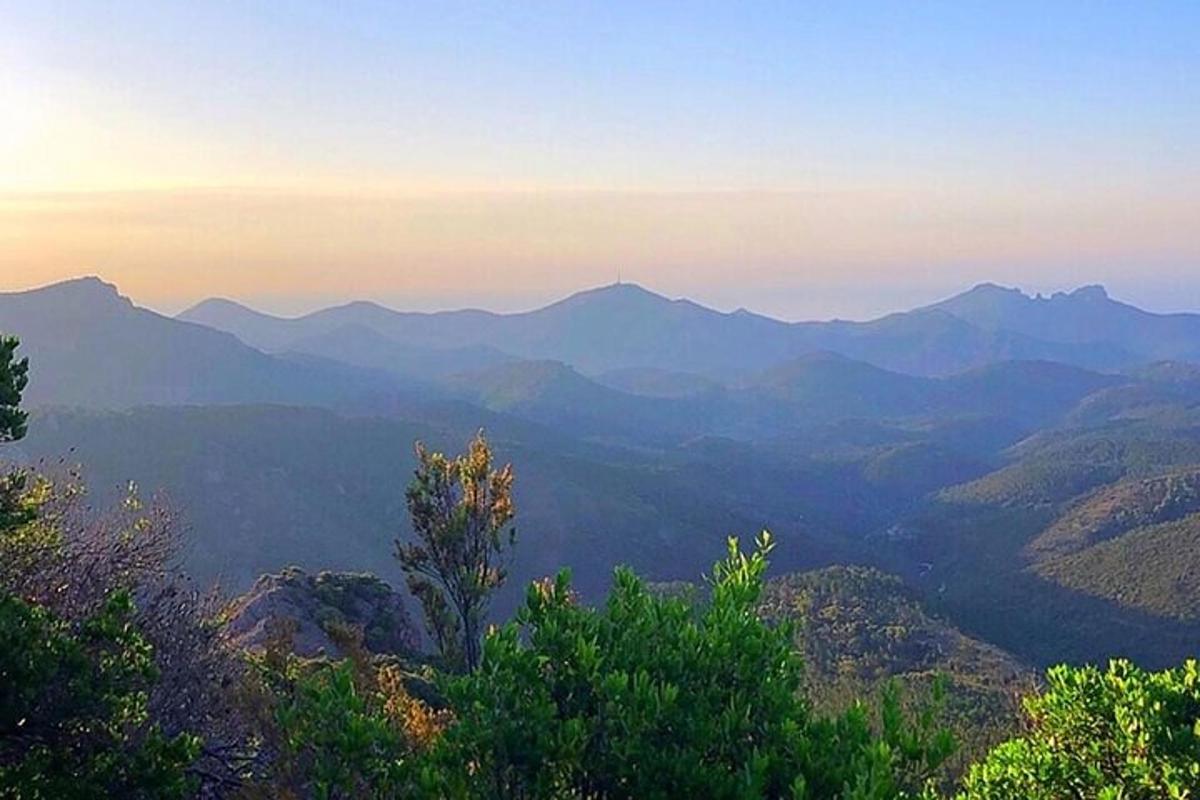 uma vista de um vale com montanhas ao longe