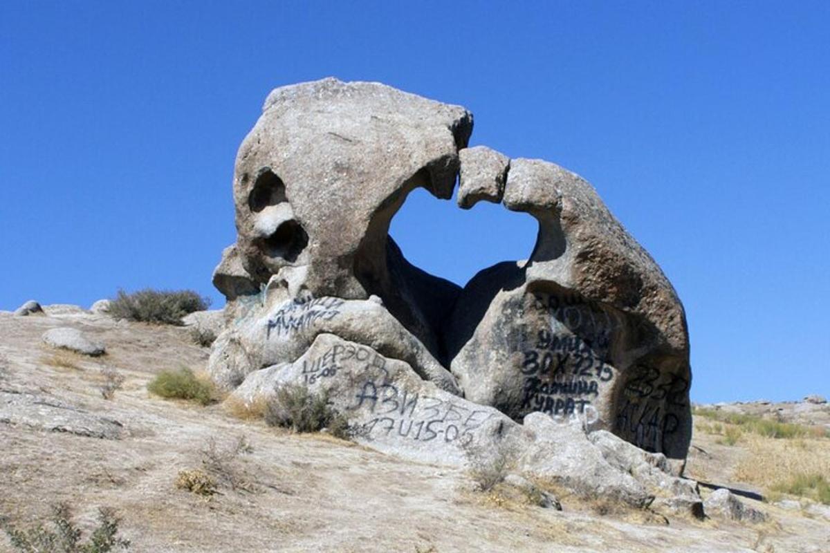 a rock with writing on it in the desert