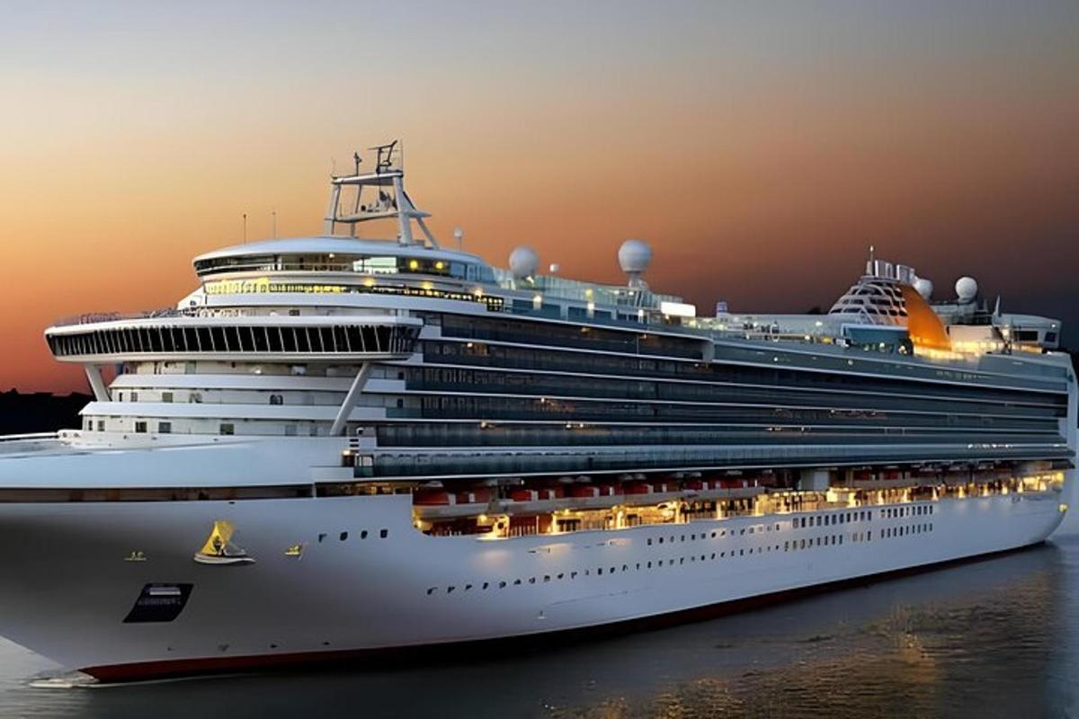 um navio de cruzeiro na água ao pôr do sol