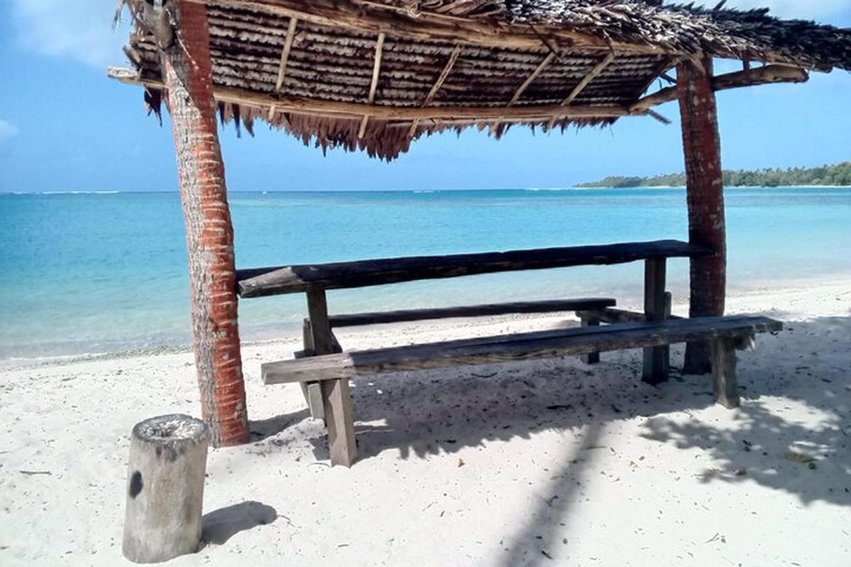 a bench on the beach with the ocean in the background