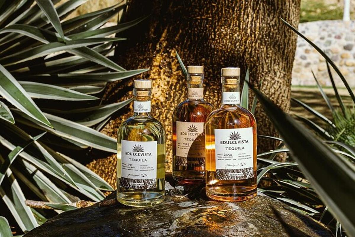 three bottles of whiskey sitting on a table next to a plant