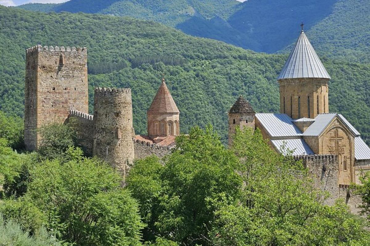 Un antiguo castillo con torres y torres en una colina