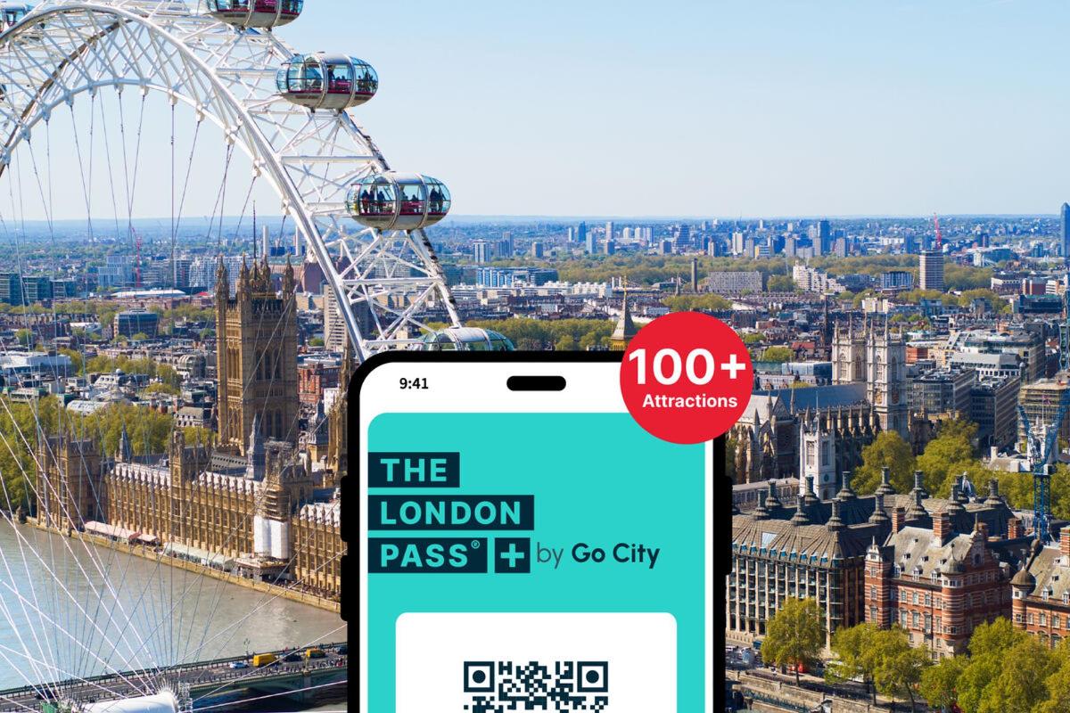 et skærmbillede af London Pass-appen med London-hjulet i baggrunden