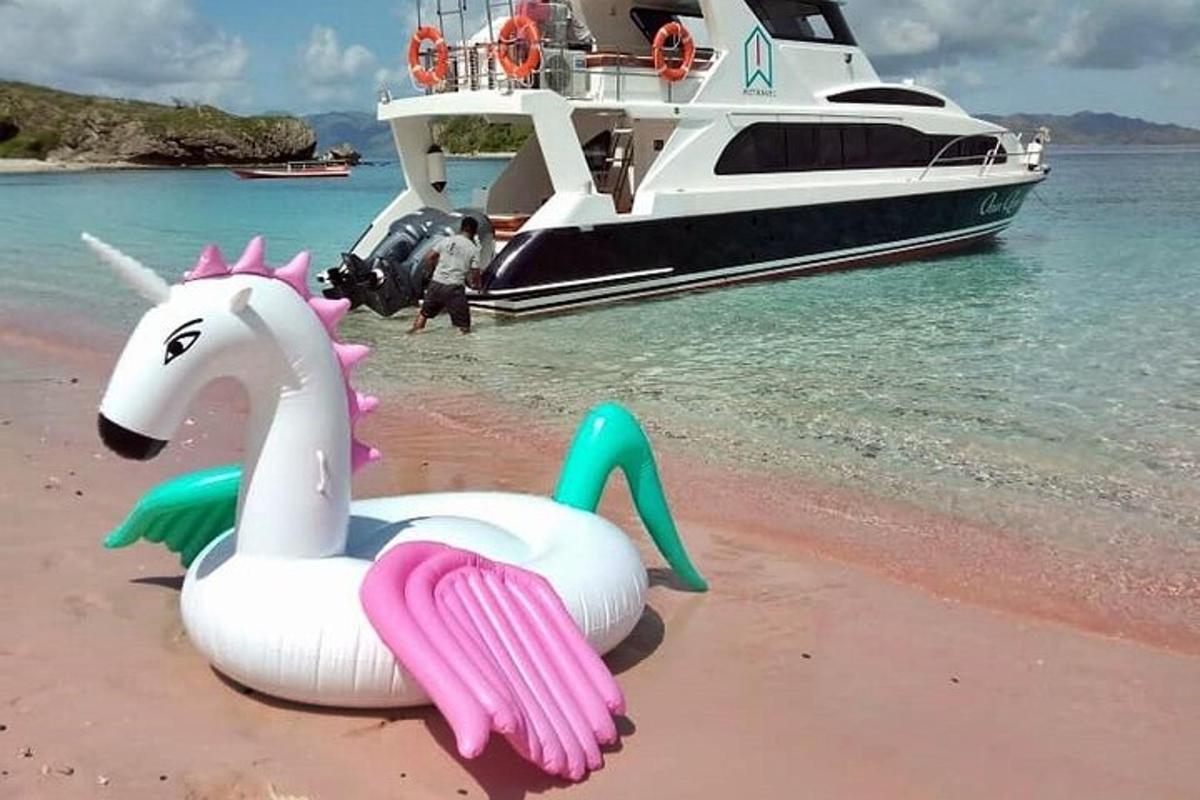two inflatable swans on a beach with a boat
