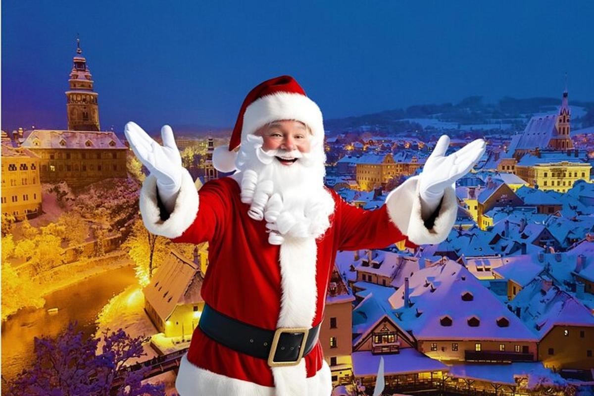 a man dressed as santa claus standing in front of a city