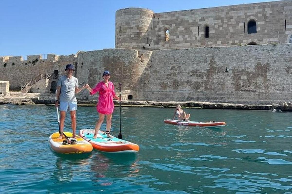 twee personen en een hond op paddleboards in het water
