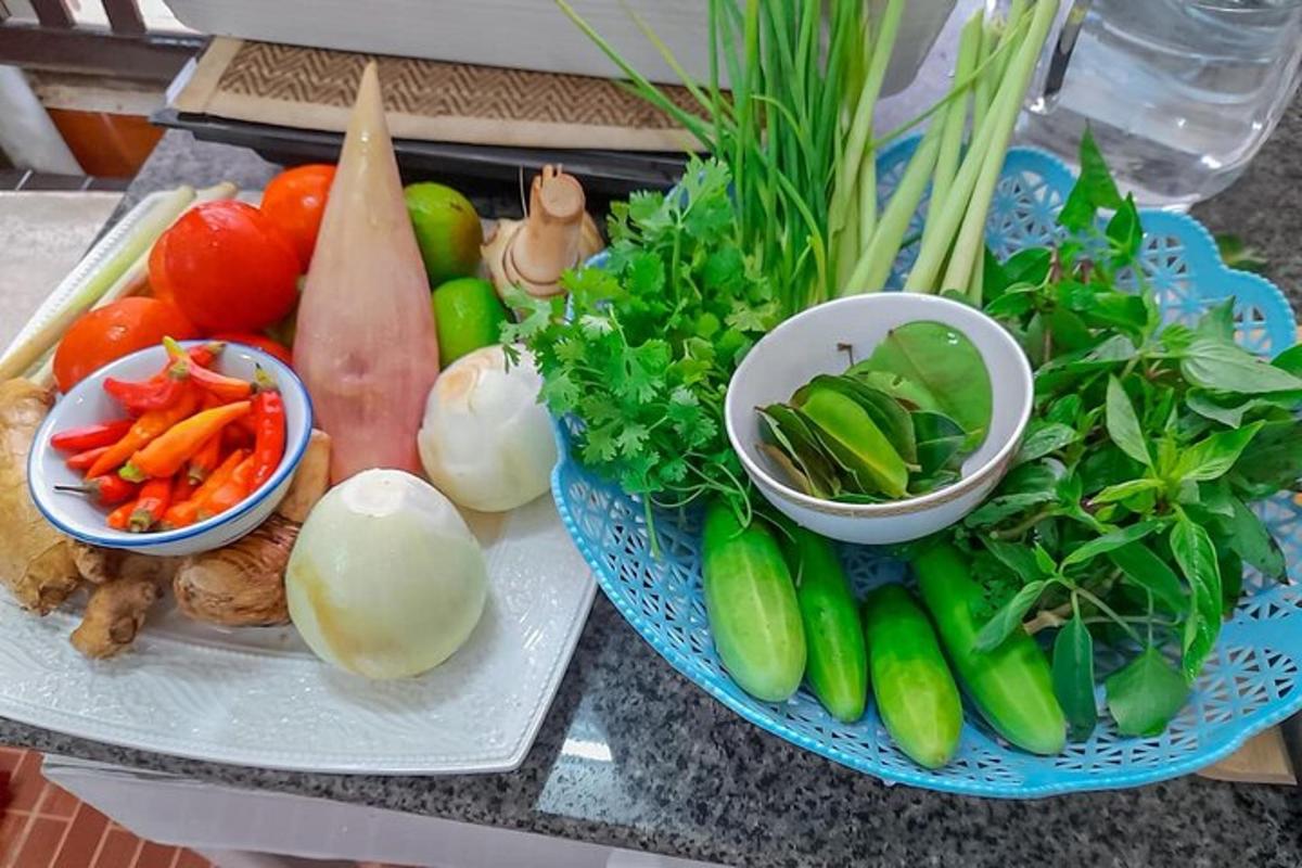 a blue plate with vegetables on a table