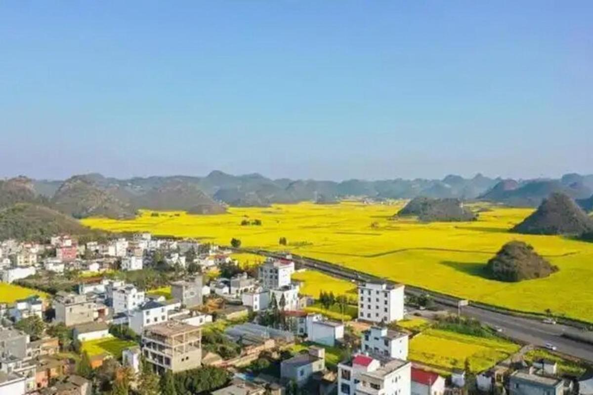 an aerial view of a city with a green field